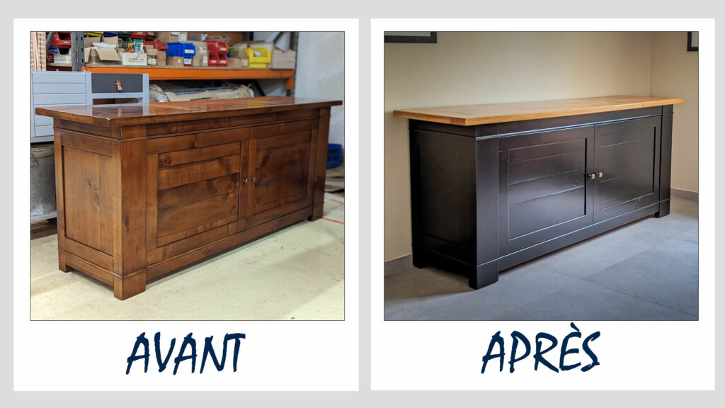 Relooking de meubles vues avant et après. Fait main dans les ateliers d'ébénisterie Meubles Loizeau situés à La Romagne / Cholet (49)